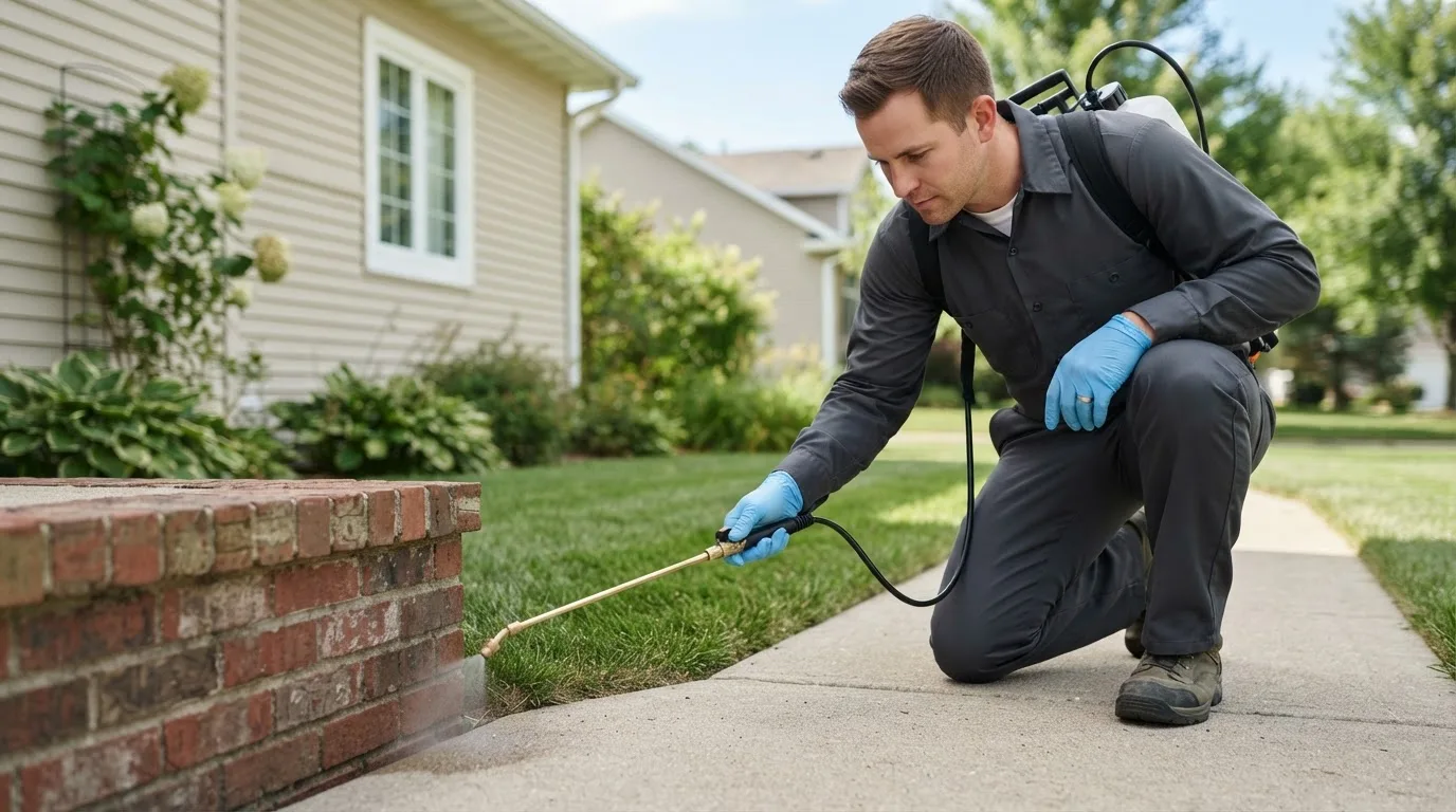 Pest control technician treating a home near Barco, NC
